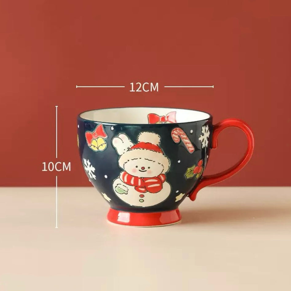 Hand-painted Christmas ceramic mug with Santa bear in red and snowman in navy blue, 500ML