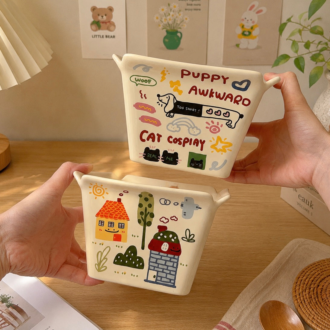 Kawaii Doodle Square Ceramic Snack Bowl – 800ML