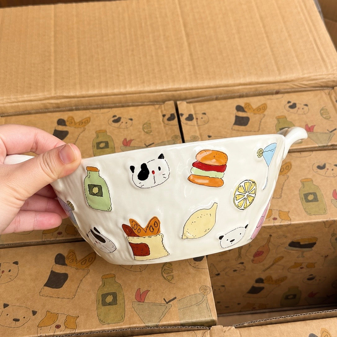 Embossed Doodle Cat Double-Handle Ceramic Soup Bowl – 1400ML
