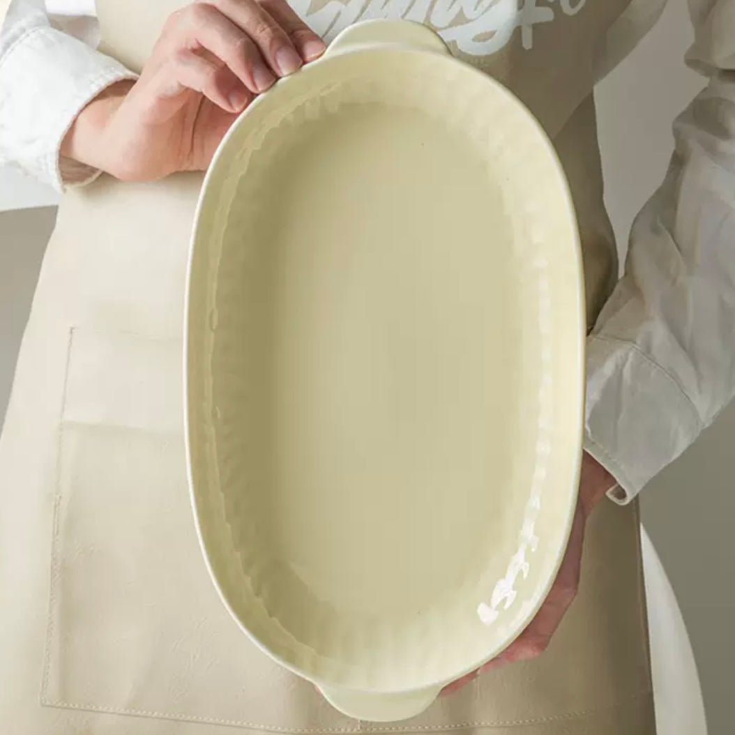 Cream Style Frosted Oval Plate with Handles | Two Colors: Ivory White and Light Brown