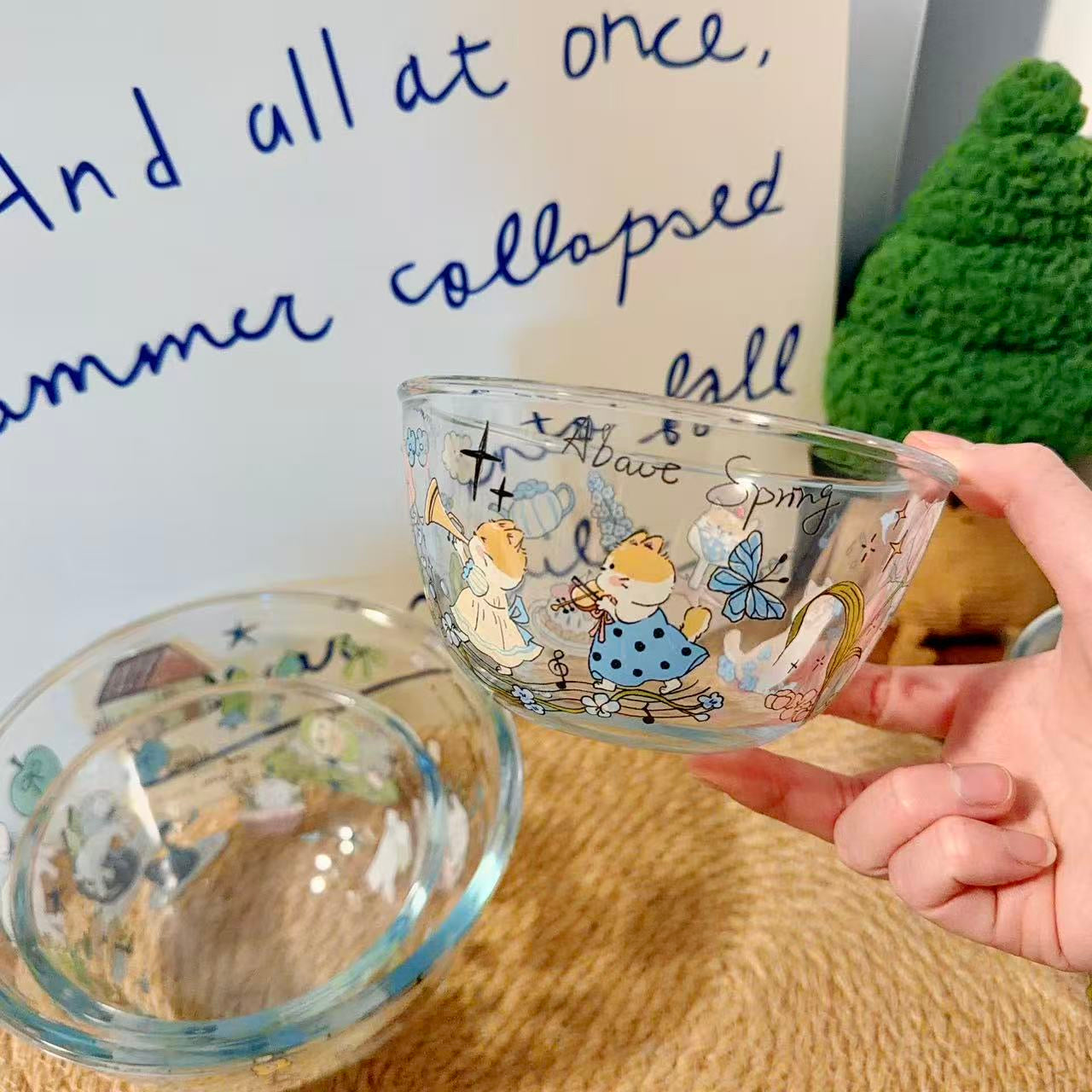 Cute Spring Doodle Glass Bowl - Microwave Safe, 350ML / 900ML