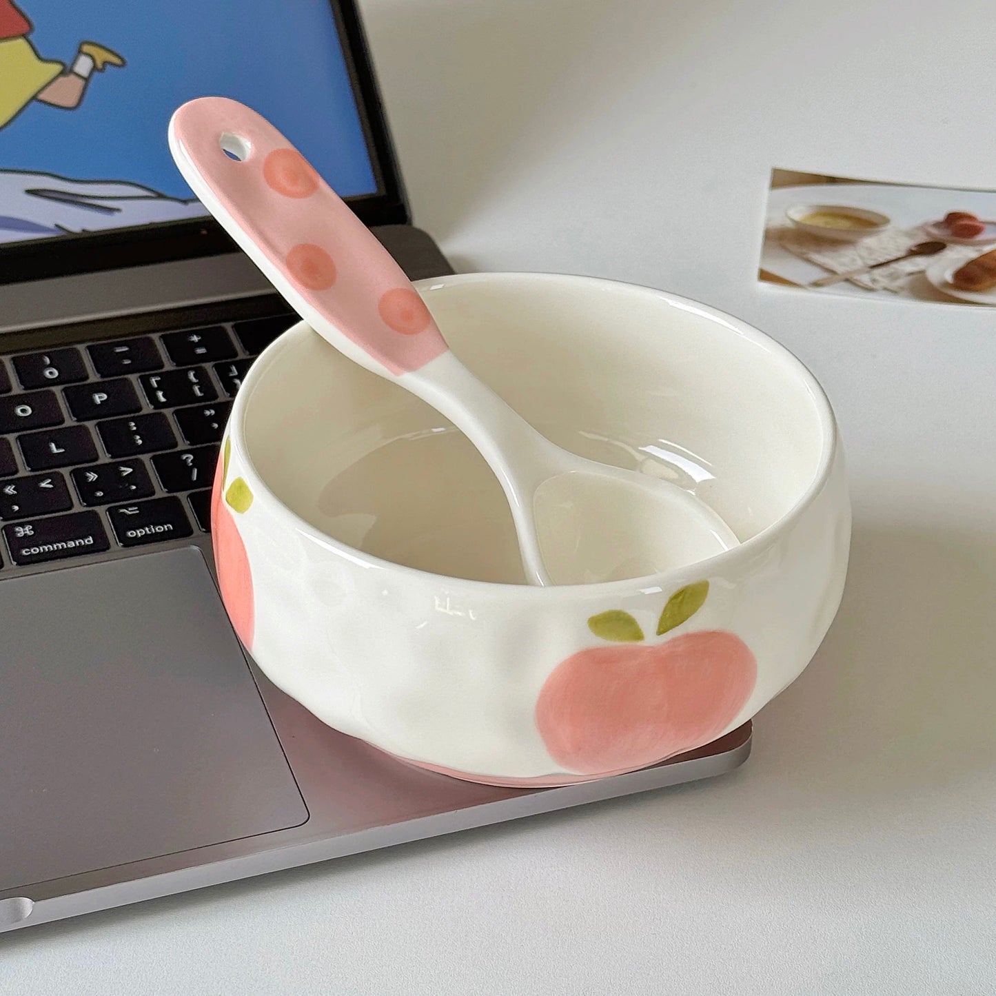 Hand-Painted Peach Ceramic Cereal Bowl with Spoon - 400ML