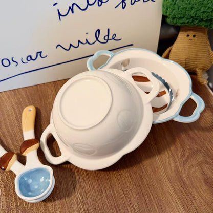 Cute Chestnut Ceramic Bowl with Handles & Spoon Set - 350ML