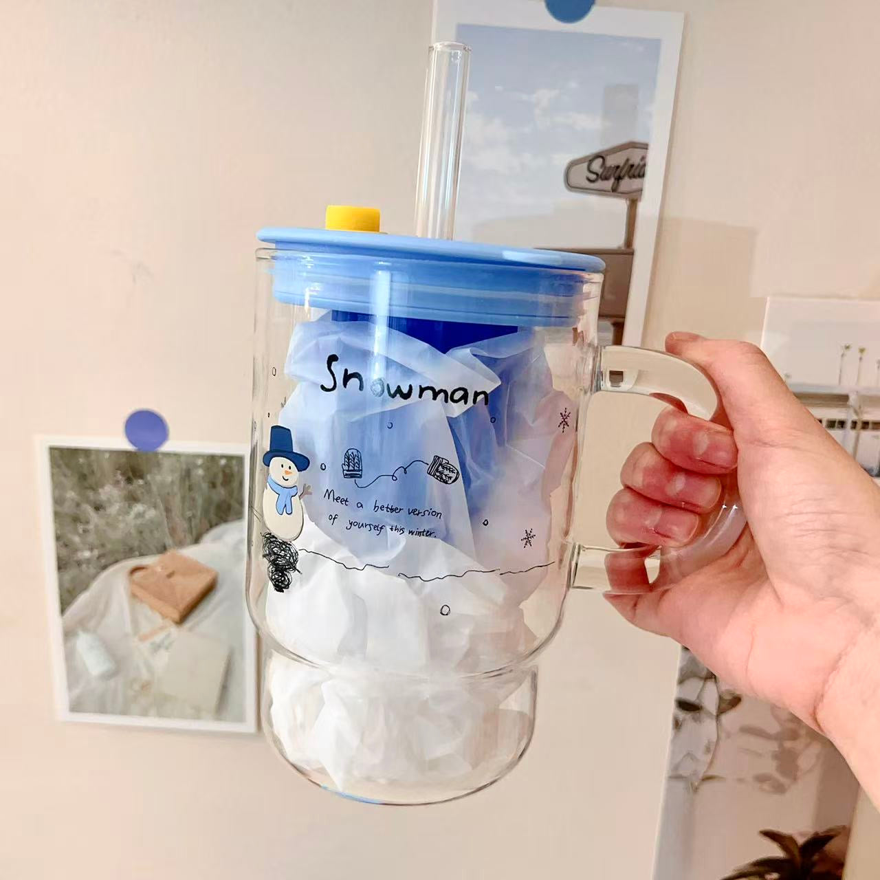 Blue Snowman Glass Cup with Straw & Tea Infuser - 1000ML