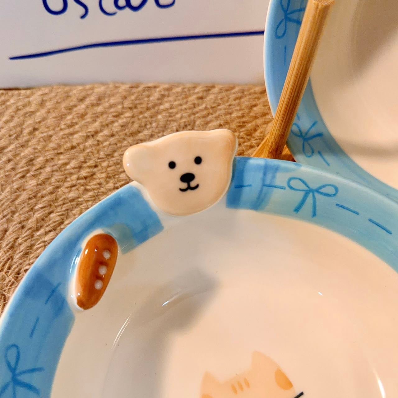 Hand-Painted Bow Bear Ceramic Soup Bowl - 600ML