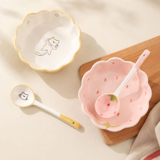 Strawberry & Lemon Ceramic Yogurt Bowl with Spoon - 400ML