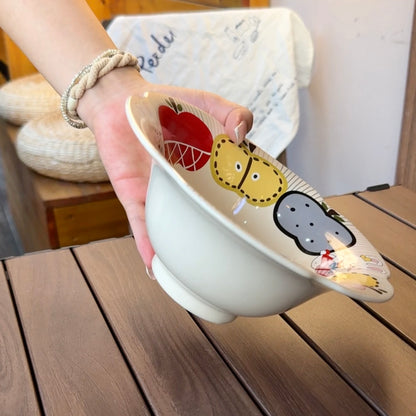 Apple bunny ceramic bowl with scalloped rim showing colorful fruits and bunny design, 500ML