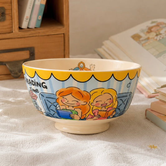 Cozy Reading Girls Cute Ceramic Bowl 600ML - Vintage Kawaii Illustrated - Wuli Home