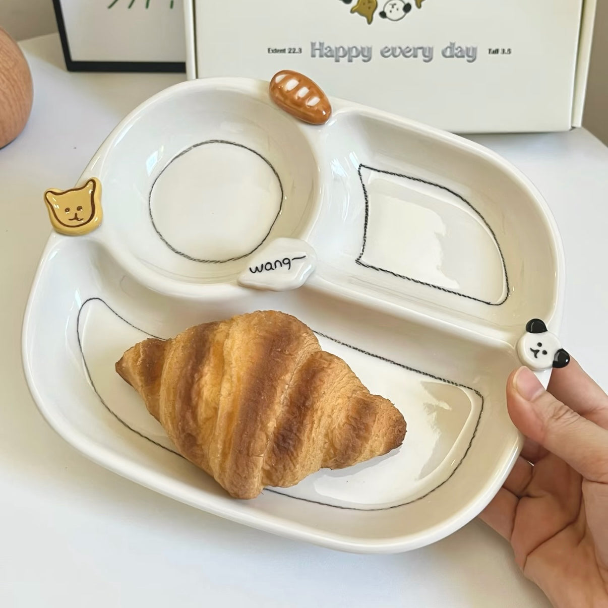 Hand-Painted Button Puppy Ceramic Divided Breakfast Plate, 8-Inch