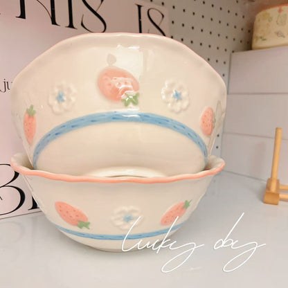 Pink Strawberry Ceramic Large Soup Bowl – 1100ML Capacity