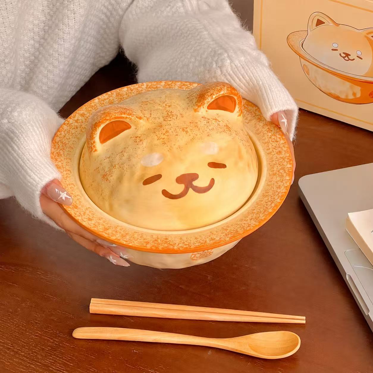 Kawaii Shiba Inu Ceramic Ramen Bowl with Lid - 700ML