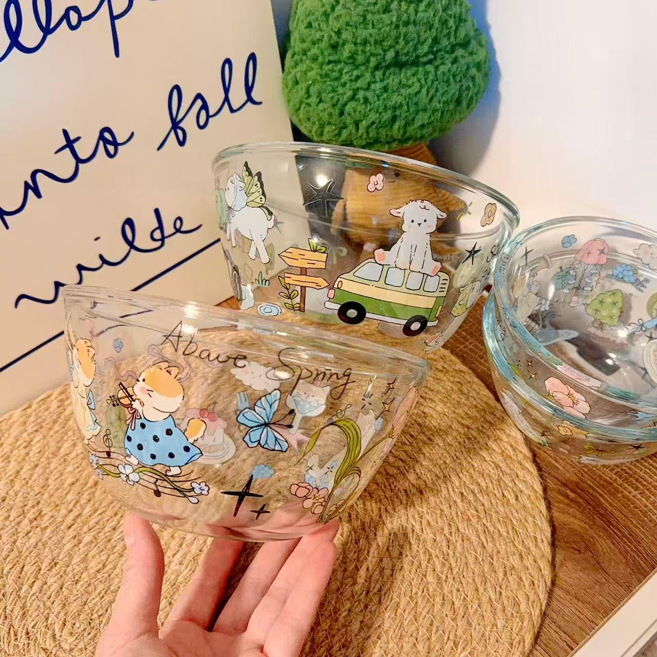 Cute Spring Doodle Glass Bowl - Microwave Safe, 350ML / 900ML