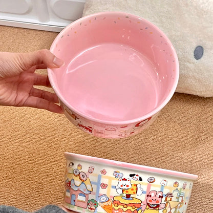 Pink ceramic salad bowls stacked showing Westie café, panda picnic, and piggy bakery designs, 600ML