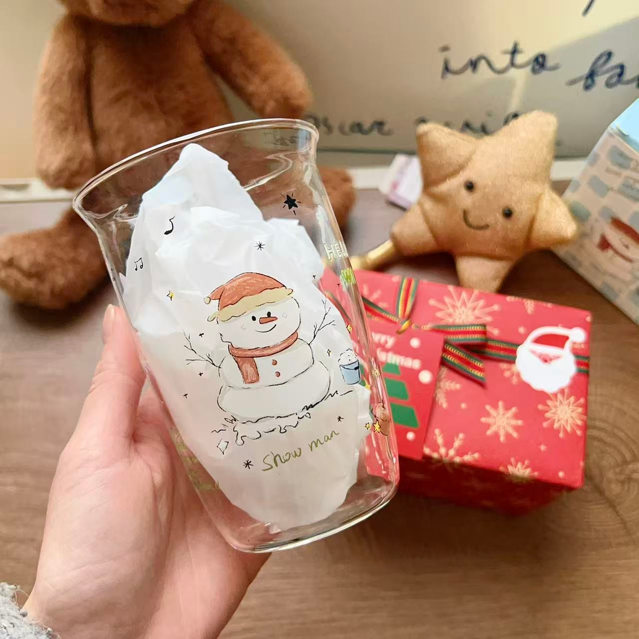 Christmas snowman glass cup with Snow man design and hot drink bucket, 350ML