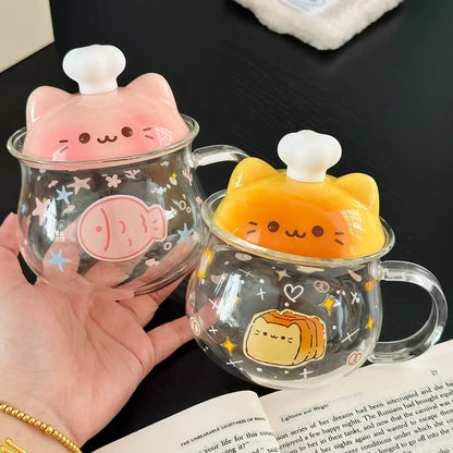 Chef Cat Kawaii Glass Mug with Ceramic Lid – 400ML