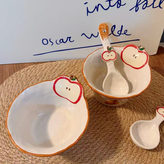 Embossed Apple Ceramic Yogurt Bowl with Spoon, 350ML