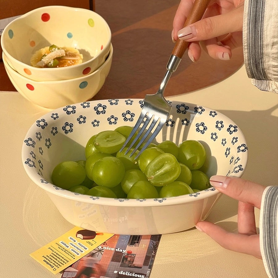 Retro Blue Floral Oval Ceramic Bowl – 700ml | Vintage Style Fruit & Salad Bowl