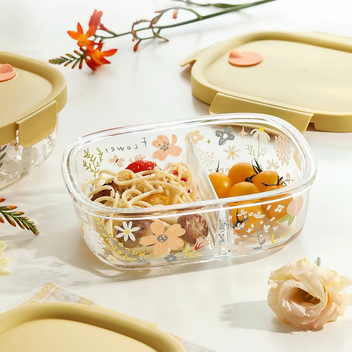 Spring Floral Glass Food Container – 800ML Bento Box