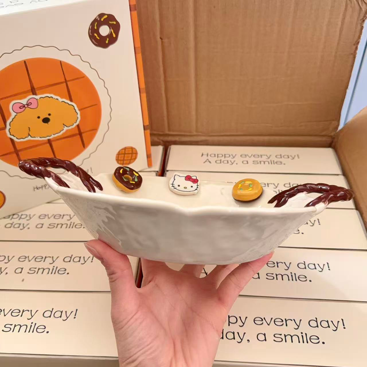 Caramel Kitty Hand-Painted Ceramic Plate with Handles, 8-Inch