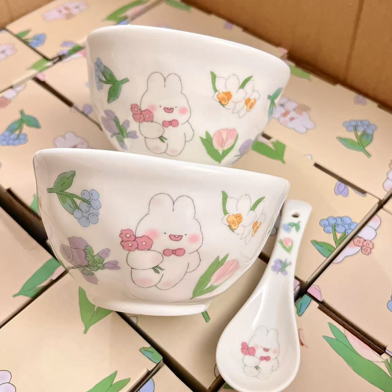 Handcrafted Bunny Ceramic Bowl & Spoon Set – 5.3” with Gift Box
