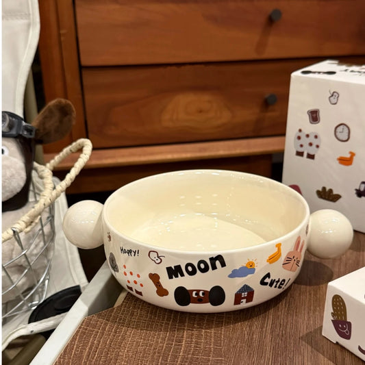 Moon Dog doodle round noodle bowl with cute ball handles and matching gift box