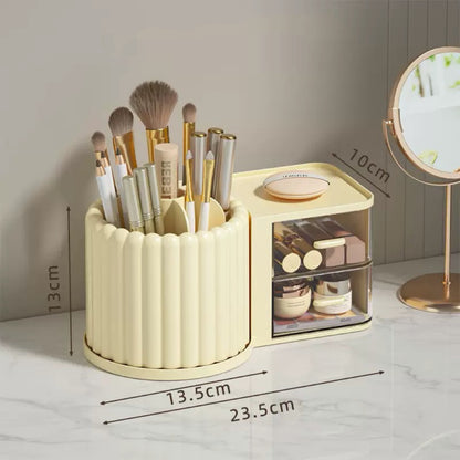 Cream Ribbed Rotating Pen Holder with Drawer Organizer - 2 Colors
