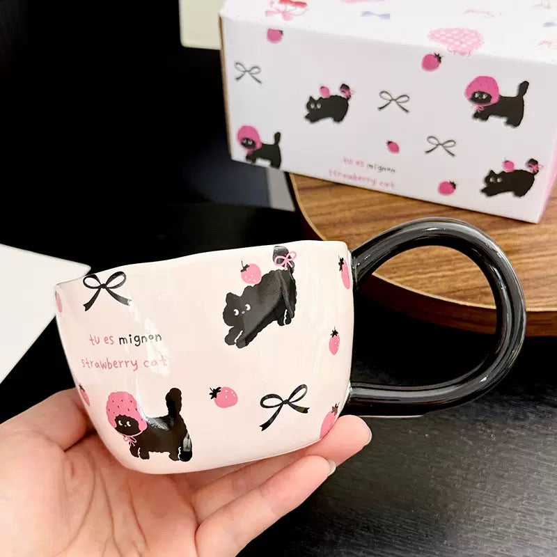 Cute Strawberry Cat Ceramic Mug with Large Handle, 300ML