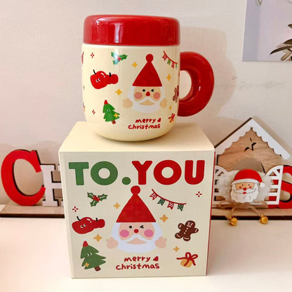 Christmas ceramic mugs with red lids showing Santa and Christmas tree designs, 500ML with gift box