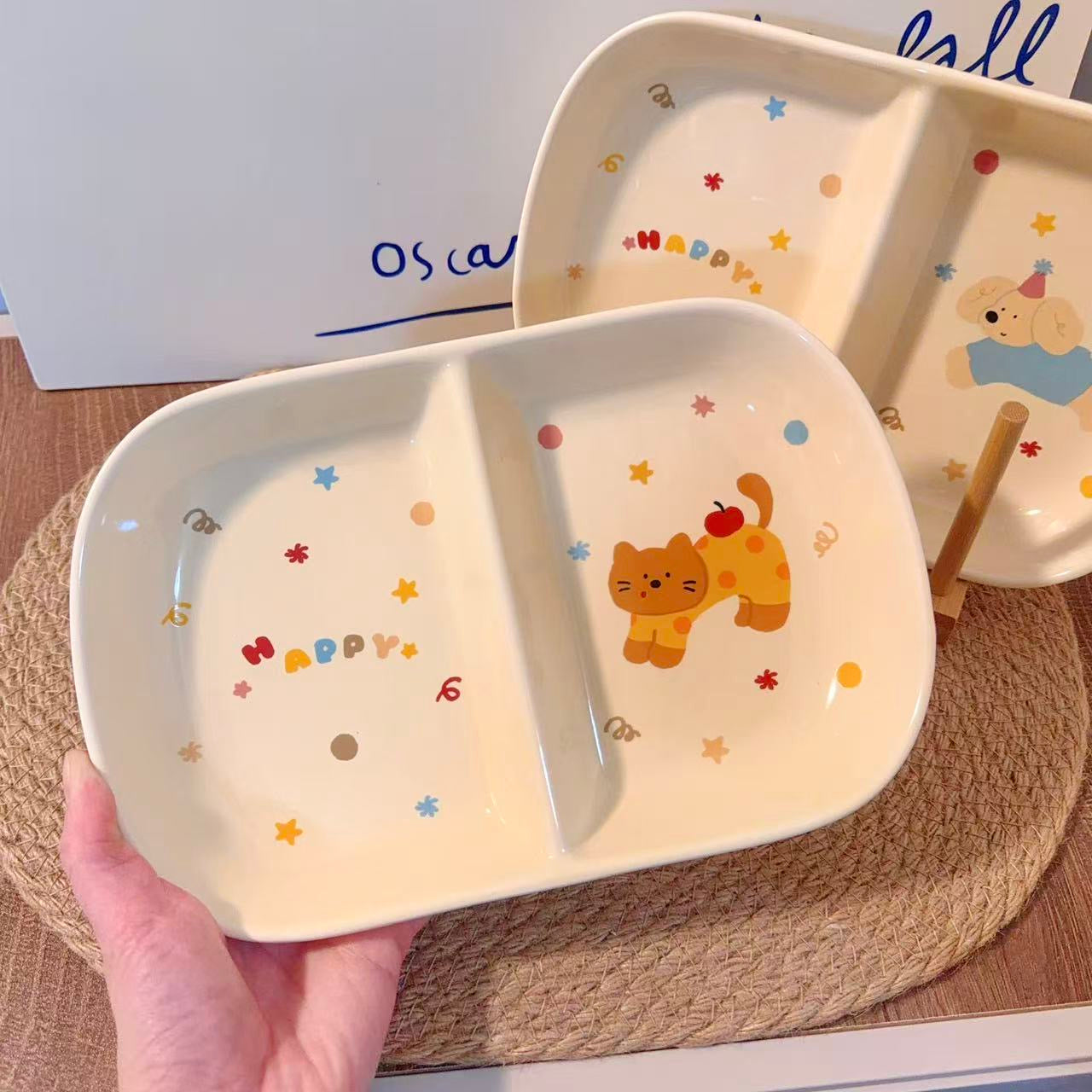 Cute Cat & Dog Ceramic Divided Breakfast Plate, 9.4-Inch