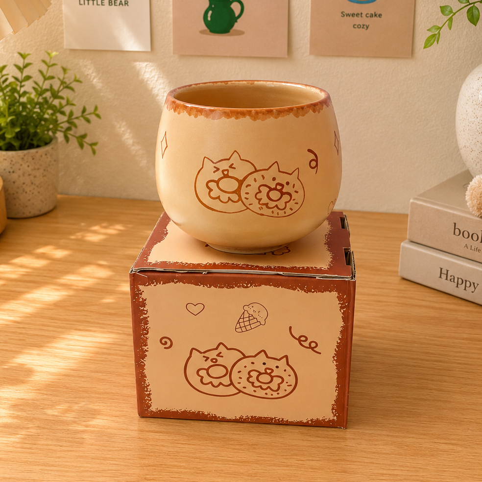 Hand-Painted Caramel Cat Ceramic Cup – 250ML