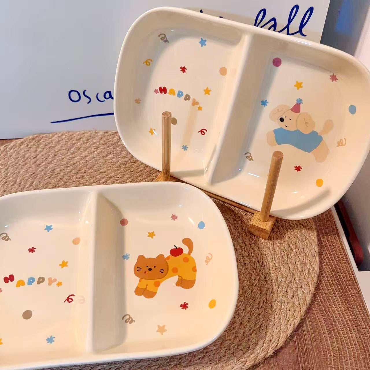 Cute Cat & Dog Ceramic Divided Breakfast Plate, 9.4-Inch