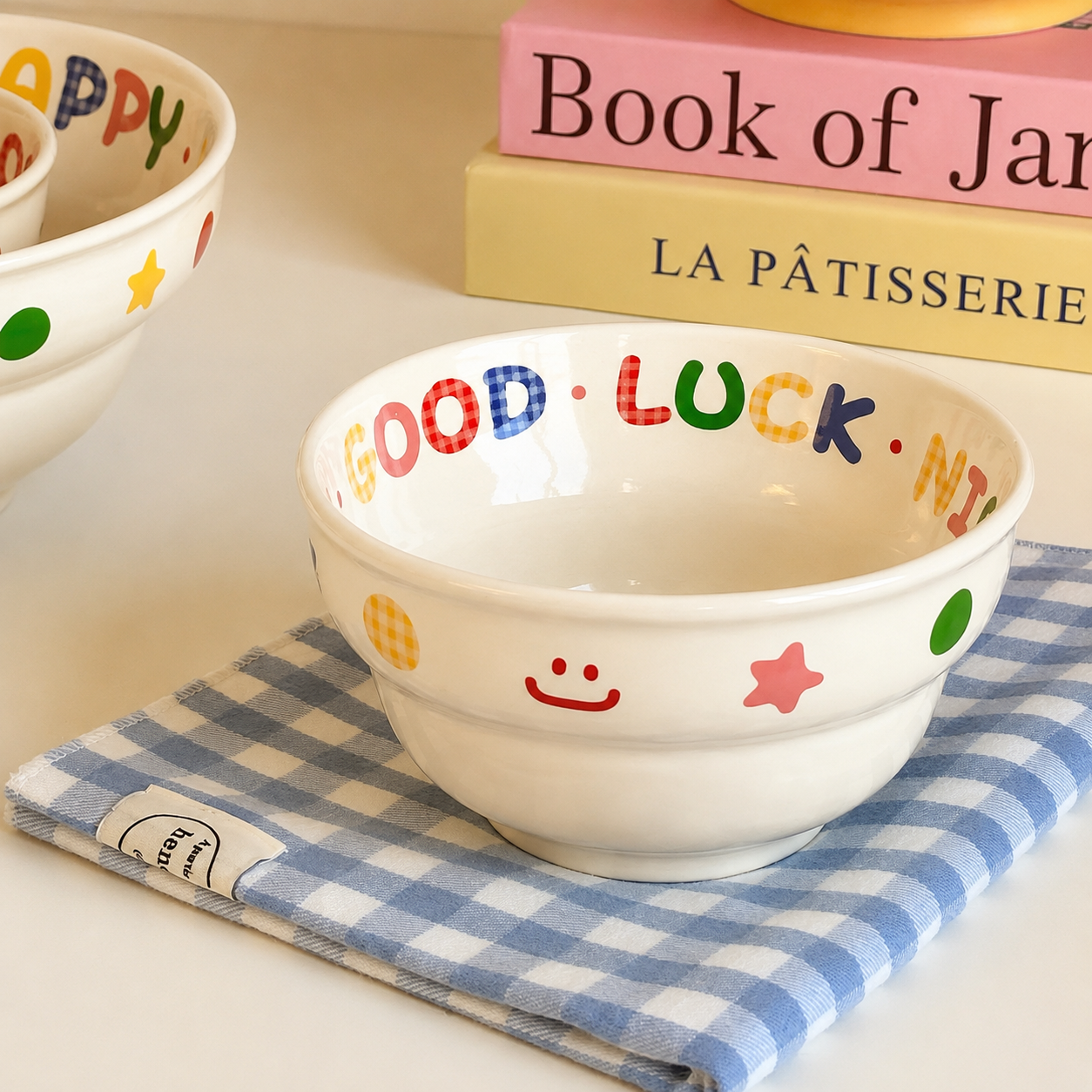 Rainbow Gingham Letter Ceramic Bowl – 2 Sizes