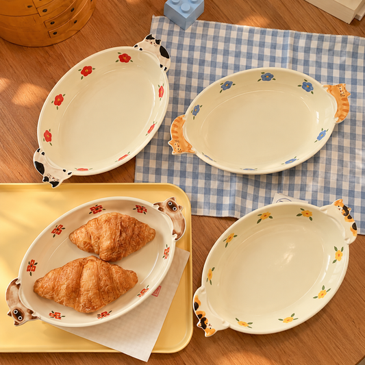 Cats & Flowers Ceramic Oval Dessert Plate with Handles, 8-Inch