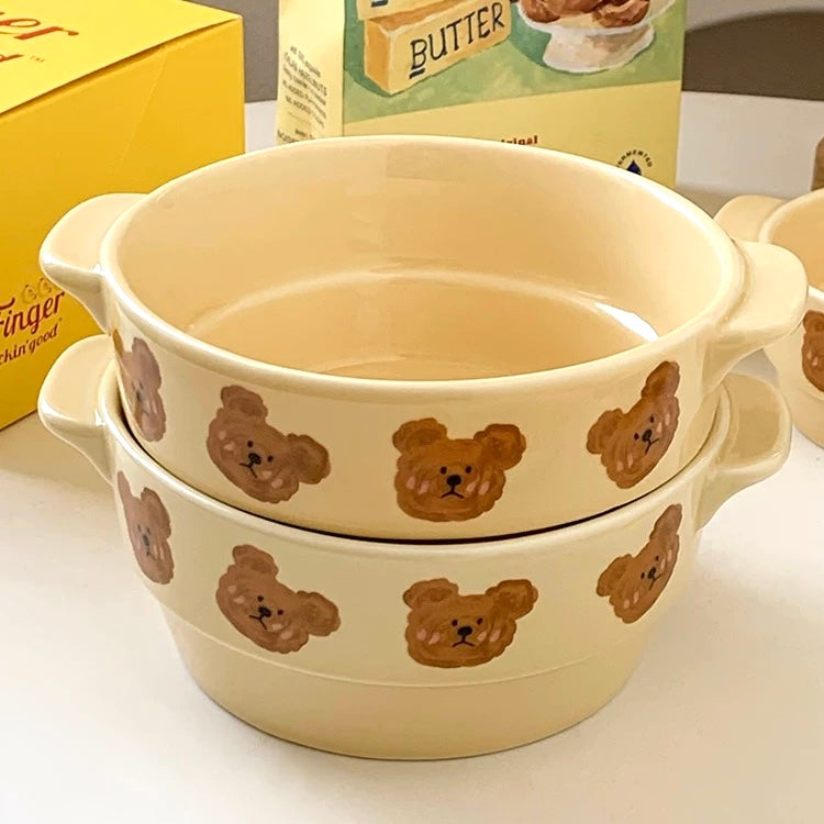 Adorable Double-Handle Baking Bowl with Emo Bear Design – Oven, Microwave, and Air Fryer Safe