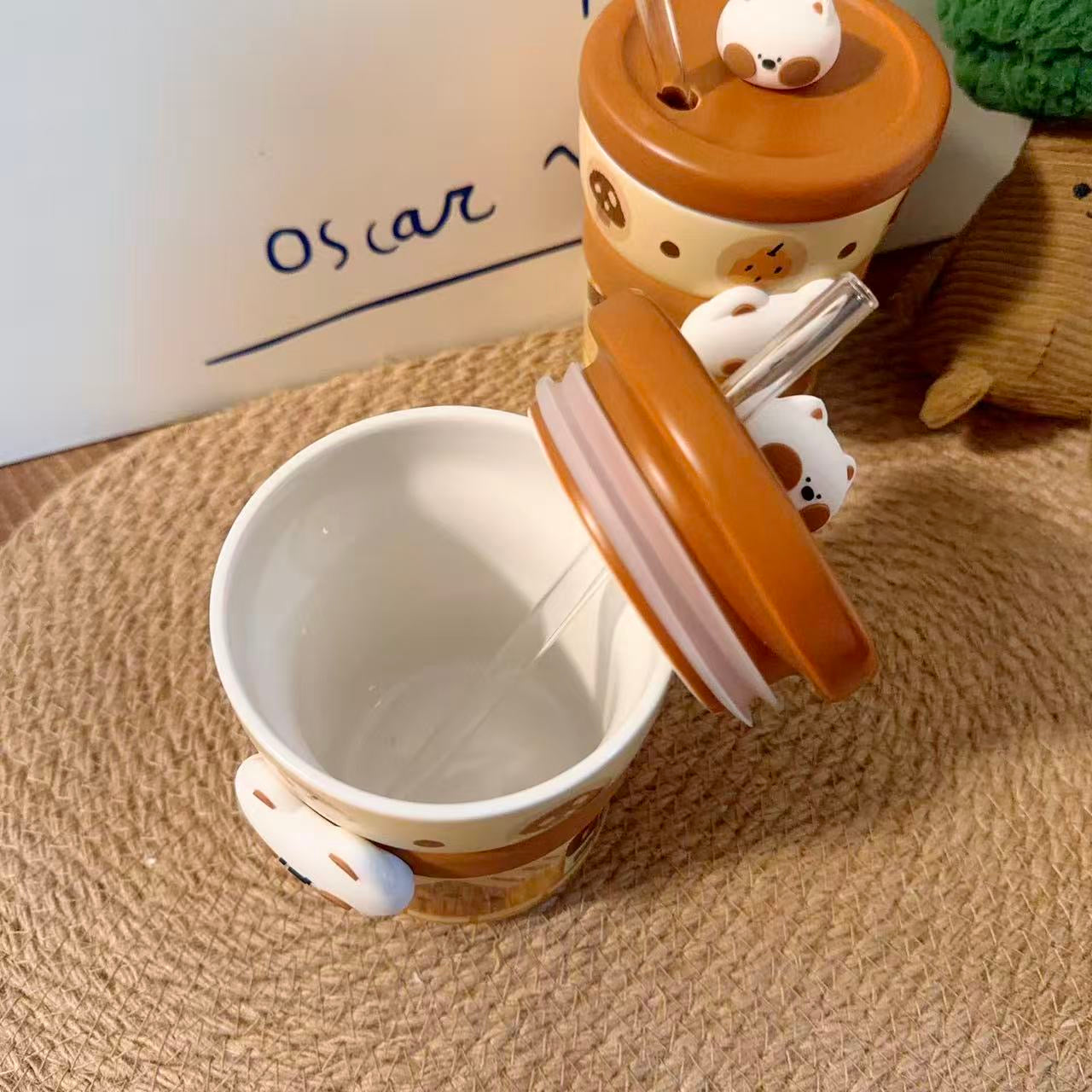 Caramel Westie Ceramic Straw Cup with Lid - 350ML
