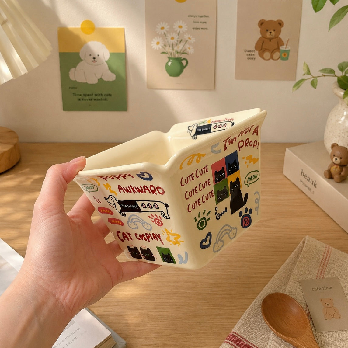 Kawaii Doodle Square Ceramic Snack Bowl – 800ML