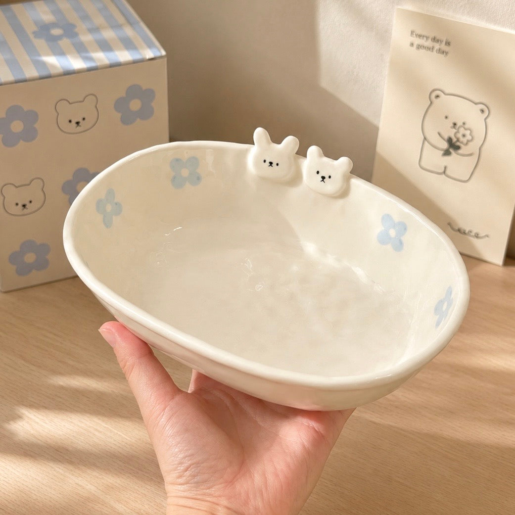 Hand-Painted Flower Bunny Ceramic Oval Bowl – 700ML