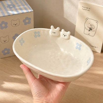 Hand-Painted Flower Bunny Ceramic Oval Bowl – 700ML