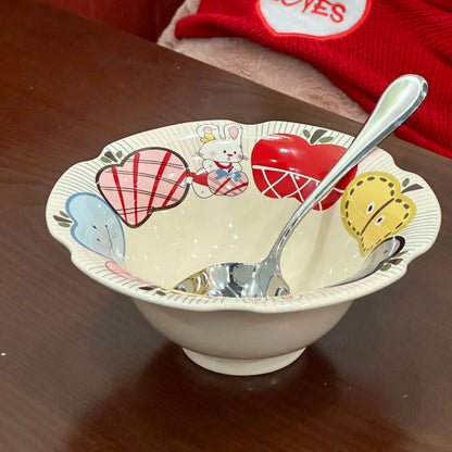 Apple bunny ceramic bowl with scalloped rim showing colorful fruits and bunny design, 500ML