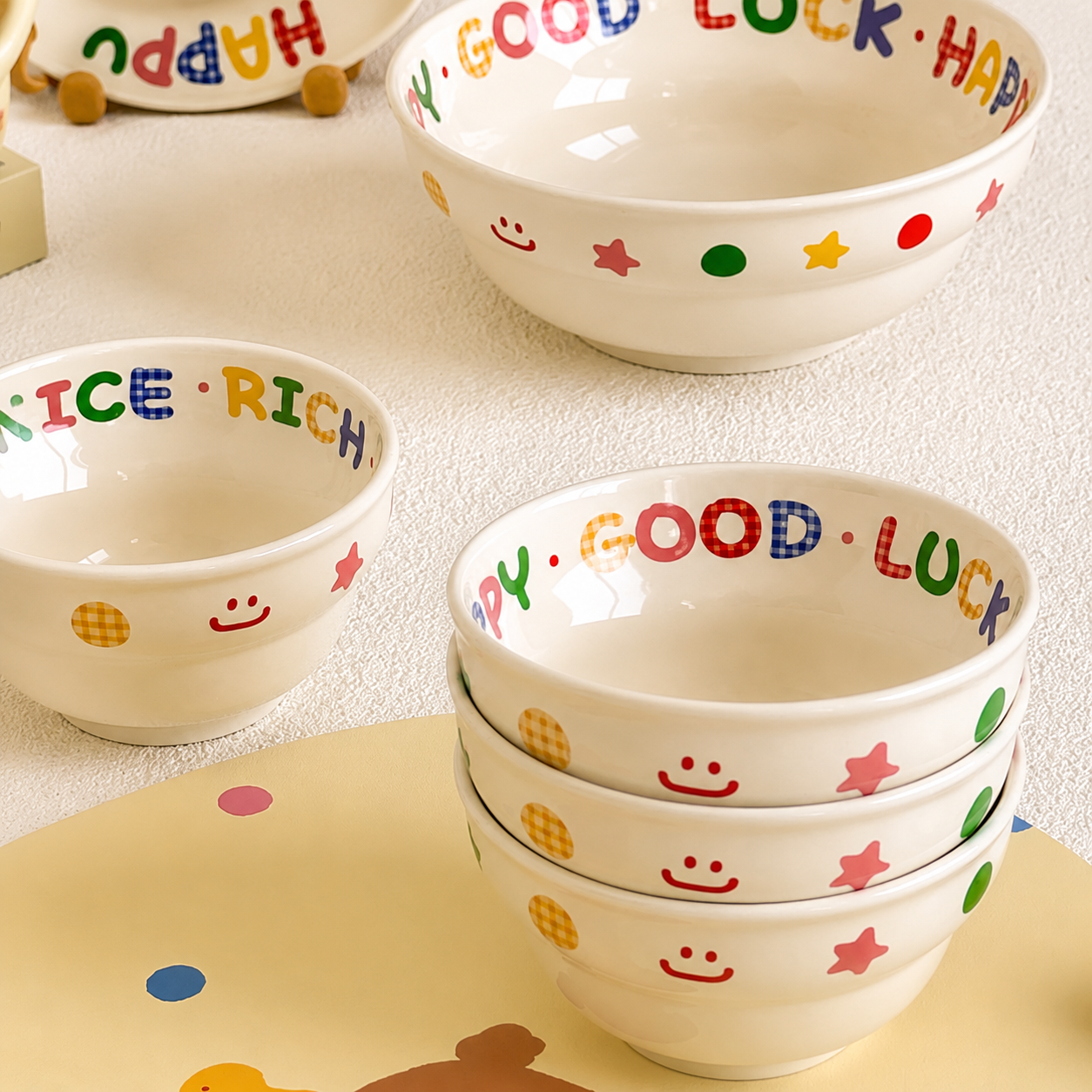 Rainbow Gingham Letter Ceramic Bowl – 2 Sizes