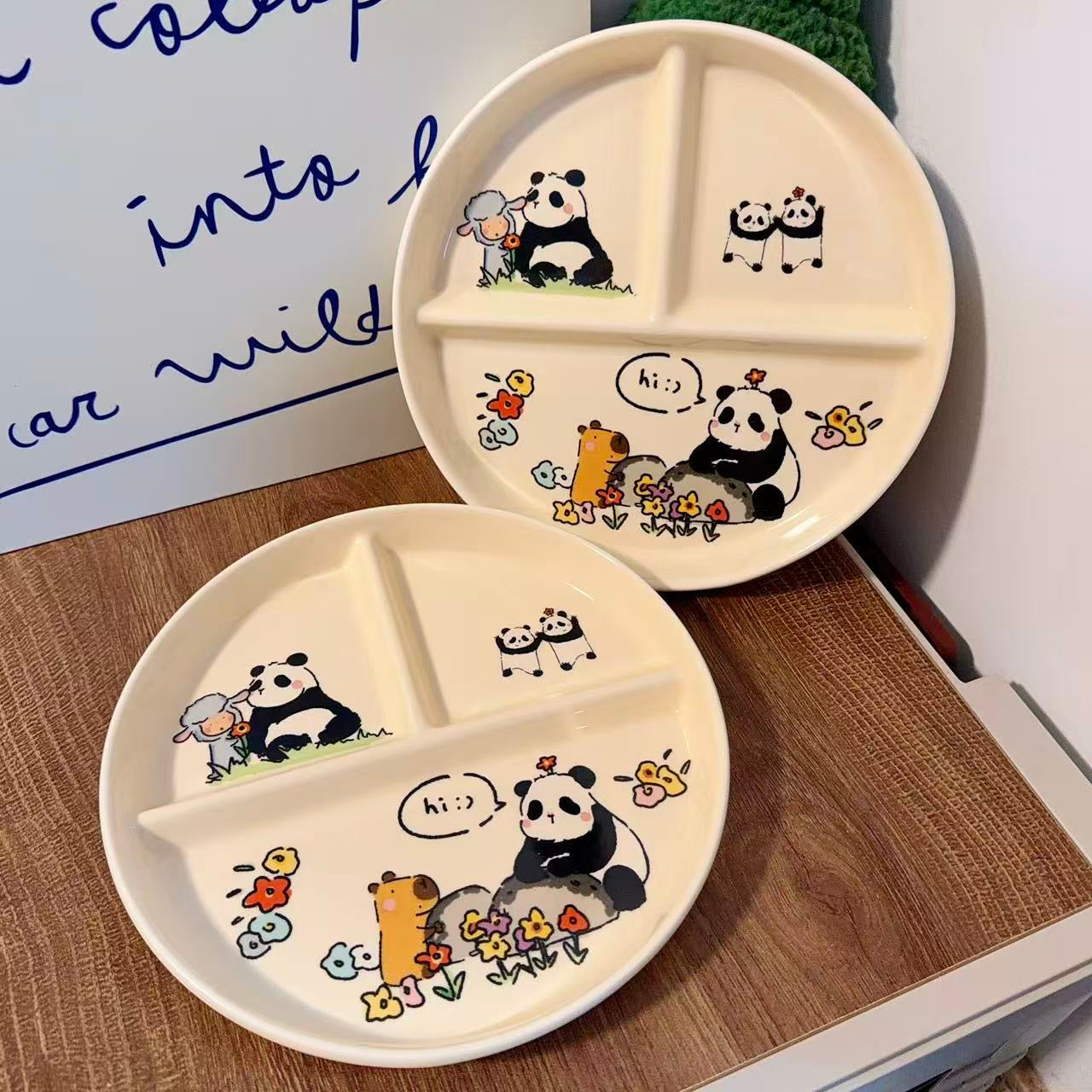 Panda Family Ceramic Divided Breakfast Plate, 8.3-Inch
