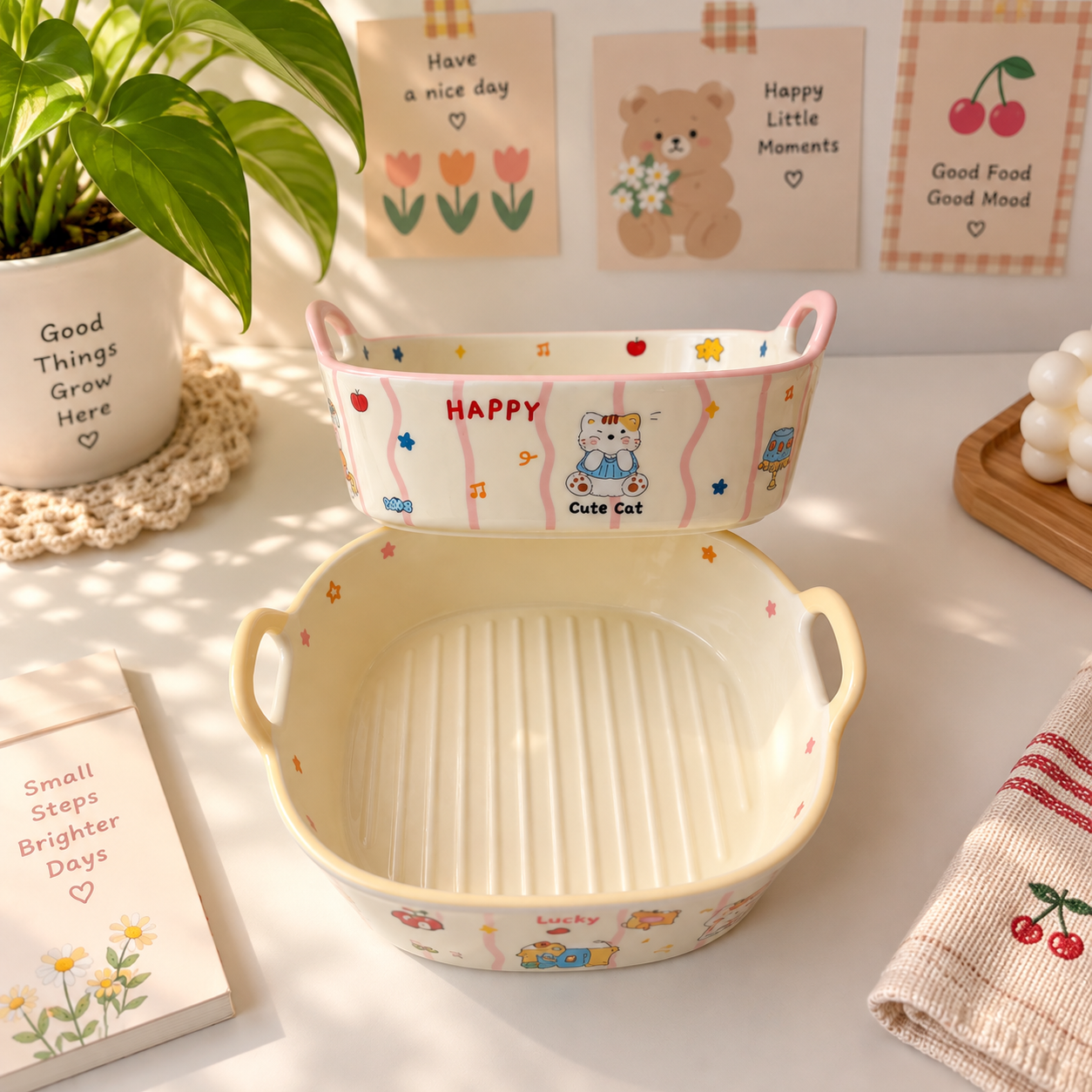 Lucky Cat Ceramic Baking Dish with Handles – Oven & Air Fryer Safe