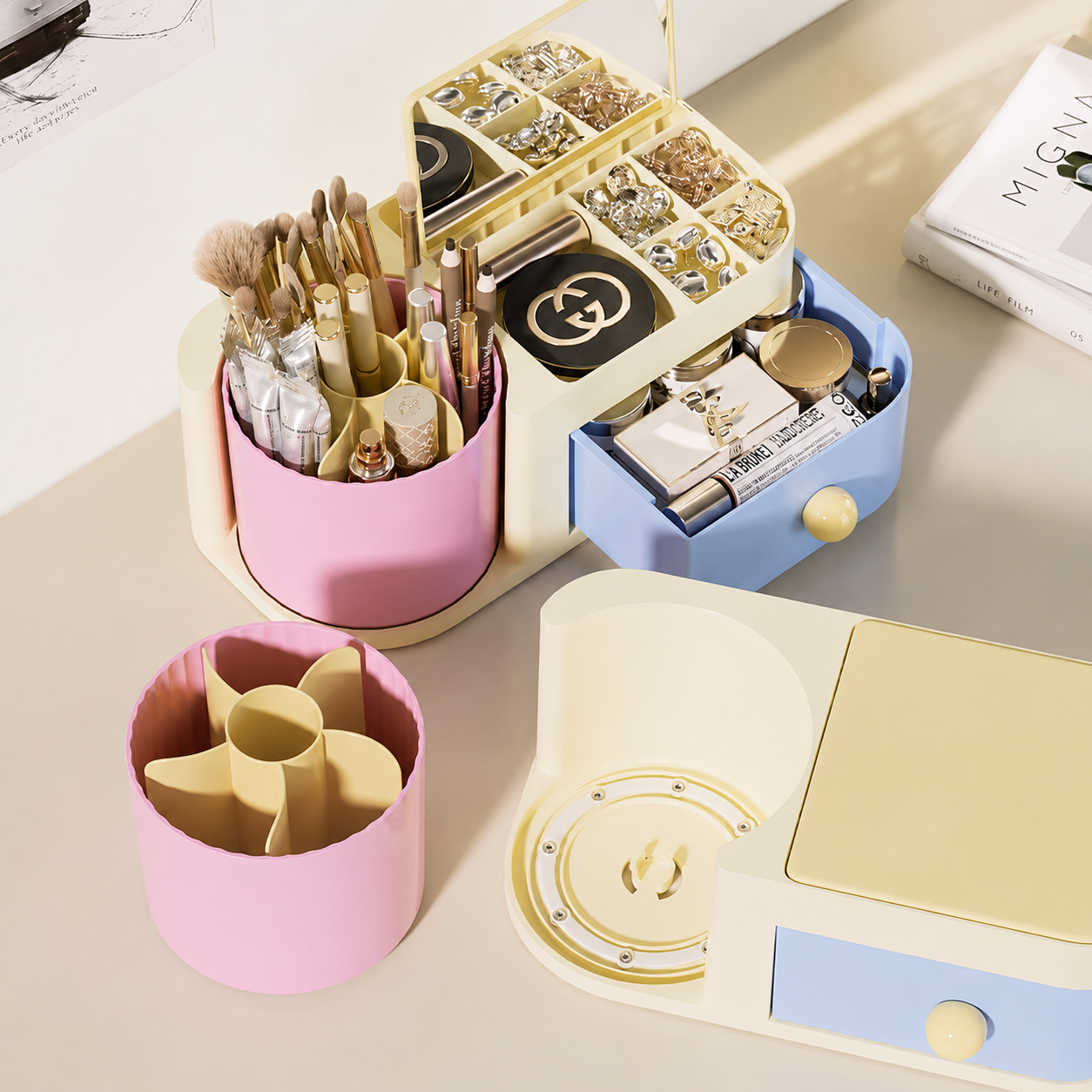 Pink & Blue Rotating Makeup Brush & Jewellery Drawer Organiser