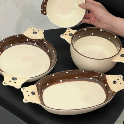 Adorable Bear Double-Handle Ceramic Plates and Soup Bowl | Hand-Painted Design