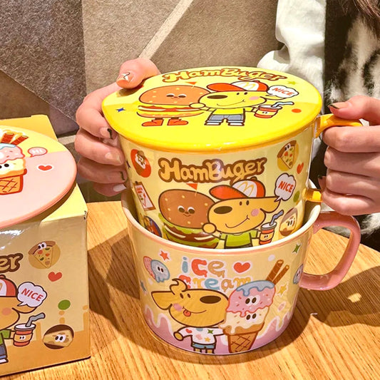 Large Capacity Ceramic Ramen Bowl - Cute Hamburger & Ice Cream Dog Designs, 1000ml with Gift Box