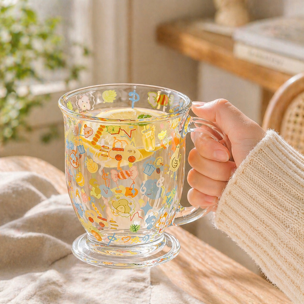 Doodle & Balloon Bunny Glass Mug with Handle – 460ML