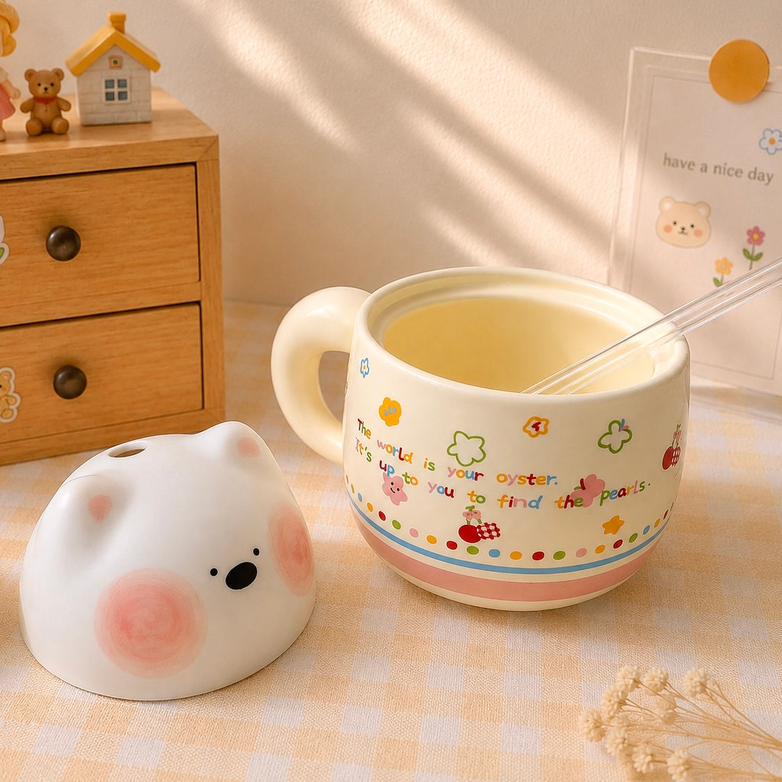 Chubby Bear Ceramic Mug with Bear Lid & Glass Straw – 350ML