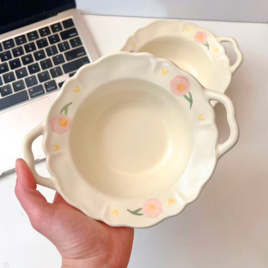 Creamy White Floral Ceramic Bowl with Handles, 250ML