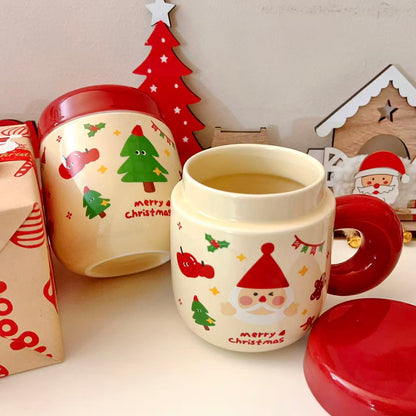 Christmas ceramic mugs with red lids showing Santa and Christmas tree designs, 500ML with gift box