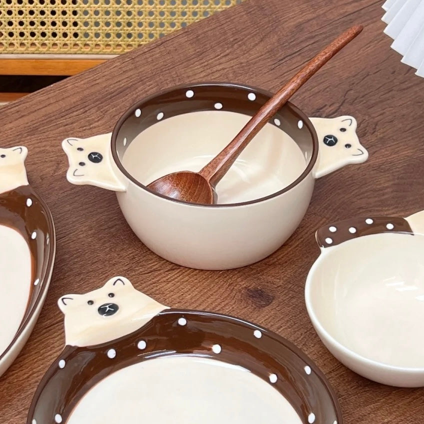 Adorable Bear Double-Handle Ceramic Plates and Soup Bowl | Hand-Painted Design